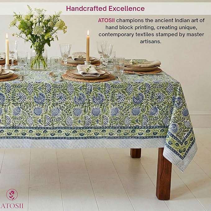 ATOSII Amara Green 100% Cotton Rectangle Fall Tablecloth, Handblock Floral Print Linen Table Cloth for Kitchen Dining I Parties, Weddings, Outdoors, Easter I Home Decor 60 X 90 Inches I 6 Seater
