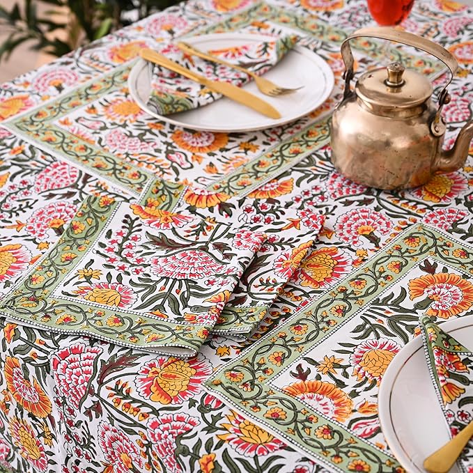 Hand Block Printed Cotton Tablecloth Elegant Floral Design Perfect for Dining Table Kitchen Parties Home Decor, Wall Tapestry (Yellow Sunflower, 6 Seater 60 x 90 Inches Rectangle)