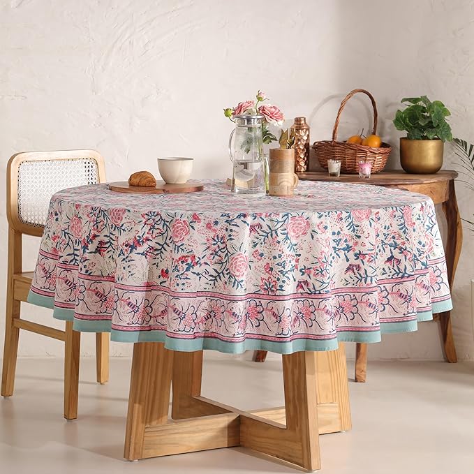 Hand Block Printed Cotton Tablecloth – Elegant Floral Design Perfect for Dining Table Kitchen Parties Home Decor, Wall Tapestry (Salmon Pink, 8 Seater 90 Inches Round)
