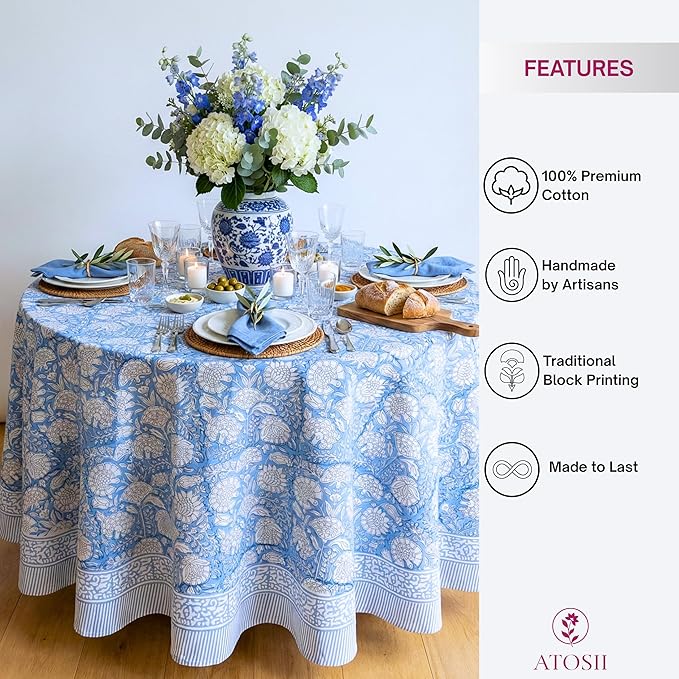 ATOSII Azora Blue 100% Cotton Round Tablecloth, Handblock Print Floral Table Cloth for Kitchen Dining Linen I Parties, Weddings, Outdoors I 72" Inches Round