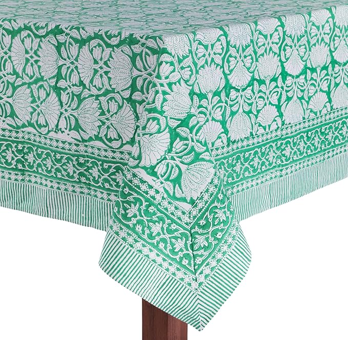 ATOSII Meadow Green 100% Cotton Rectangle Boho Tablecloth, Handblock Floral Table Cloth Linen for Kitchen Dining I Parties Wedding Outdoors Picnis I 72 X 120 Inches I 10 Seater