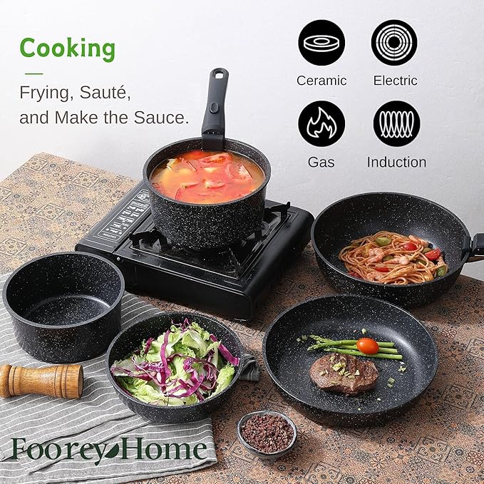 Black Pots and Pans Set Non Stick Removable Handle Ceramic Cookware Set Nonstick 9Pcs Dishwasher Oven Safe RV Kitchen Cooking Set Stackable Induction Cookware (Black, 9Pcs)