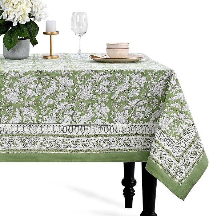 CPC Tablecloth 100% Cotton 72x140 Inch Indian Block Print Rectangle Table Cover, Green Table Cloth for Weddings, Spring/Summer, Barbeque - Olive Green