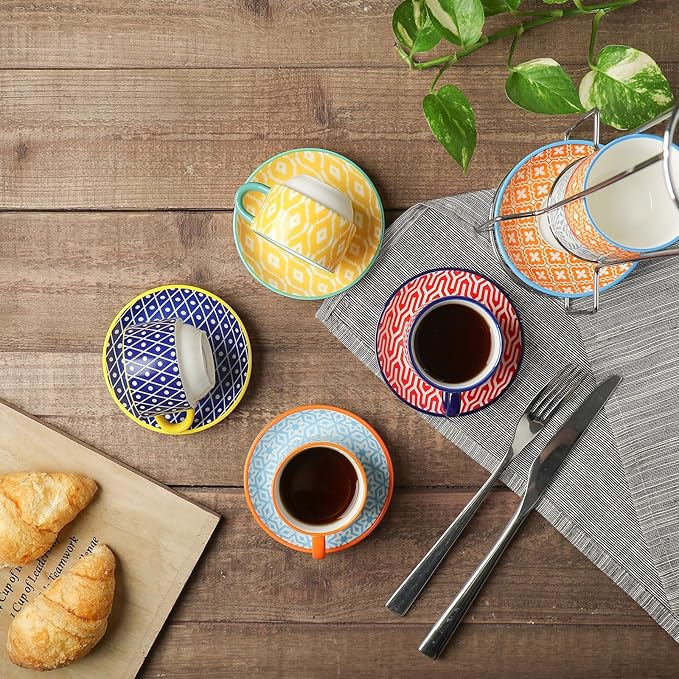 Selamica Ceramic Espresso Cups with Saucers, 2.5 OZ Stackable Demitasse Cups with Metal Stand, Mini Espresso Mugs for Latte Coffee Café Mocha Tea, Set of 6, Assorted Colors