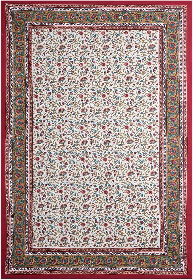 Handblock Print Cotton Tablecloth – 72x108 Rectangular Table Cover Seats 6–8 – Indian Block Printed Floral Dining Table Linen – Boho Washable Cloth for Kitchen, Party, Outdoor, Red