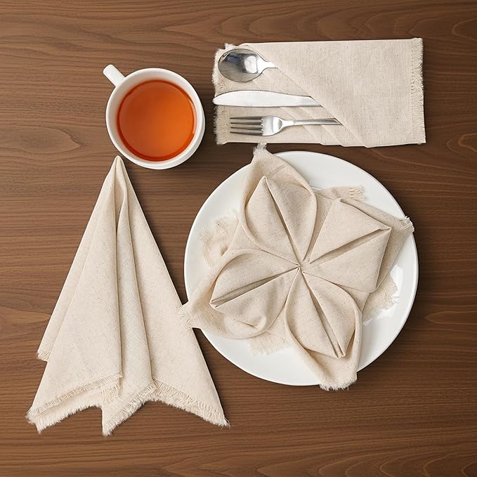Lightnpro Flax Linen Napkins Set of 12, Beautiful Handmade Fringe Dinner Cloth Napkins, Washable and Reusable for Dining, Parties, Weddings, Holiday & Everyday Use - 18x18 Inch Natural Color