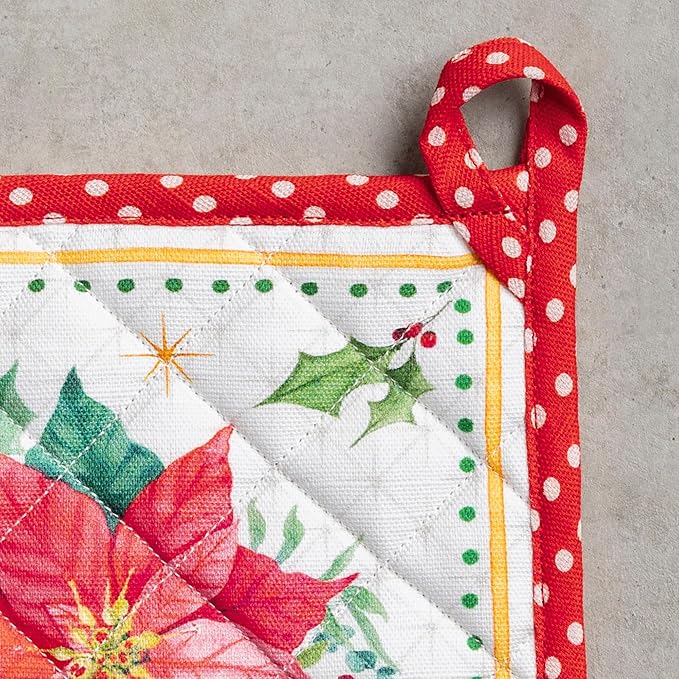 Maison d' Hermine Pot Holders 100% Cotton Heat Resistant Potholders 8" x 8" Hot Pads with Loop for Thanksgiving Christmas Decorations BBQ Cooking Handling Hot Pans (Pack of 1, Poinsettia Christmas)