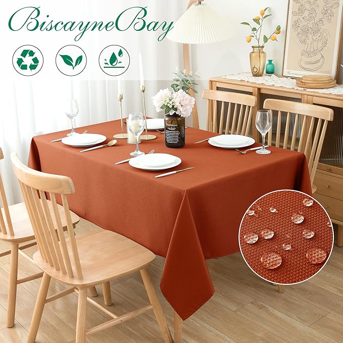 Biscaynebay Fall Tablecloth Textured Fabric 70x120 Inch Rectangular, Rust Thanksgiving Autumn Harvest Water Resistant Fabric Tablecloths for Kitchen, Dining, Wedding, Parties Machine Washable