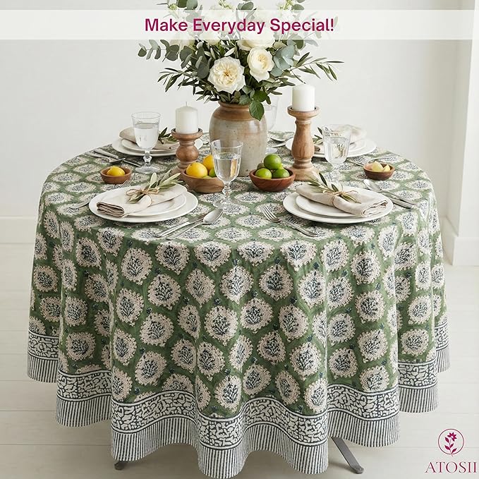 ATOSII Kari Green 100% Cotton Round Tablecloth, Handblock Print Floral Table Cloth for Kitchen Dining Linen I Parties, Weddings, Outdoors, Easter, Spring Summer Decor I 60" Inches Round