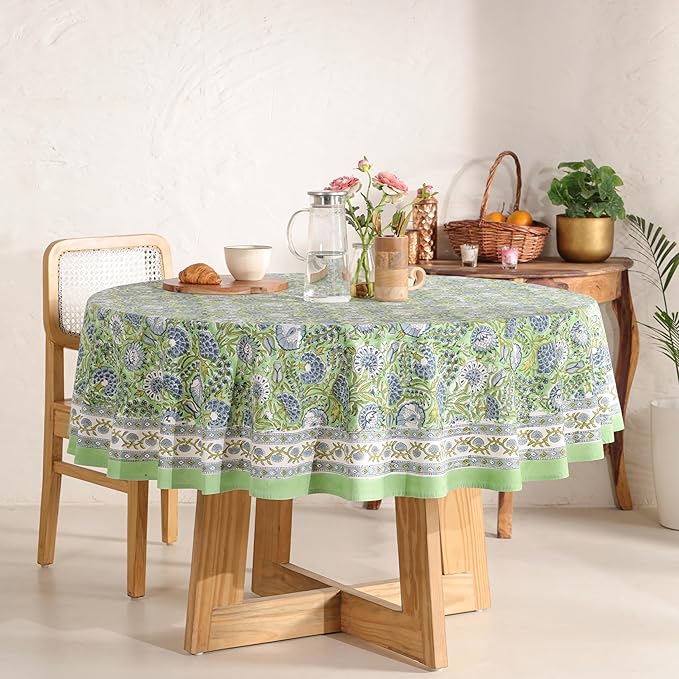 Hand Block Printed Table Cover - Exquisite Design, Premium Cotton Fabric, Perfect for Dining and Decor, Dining Table Linen(Asparagus Green,6 Seater 72 Inches Round)