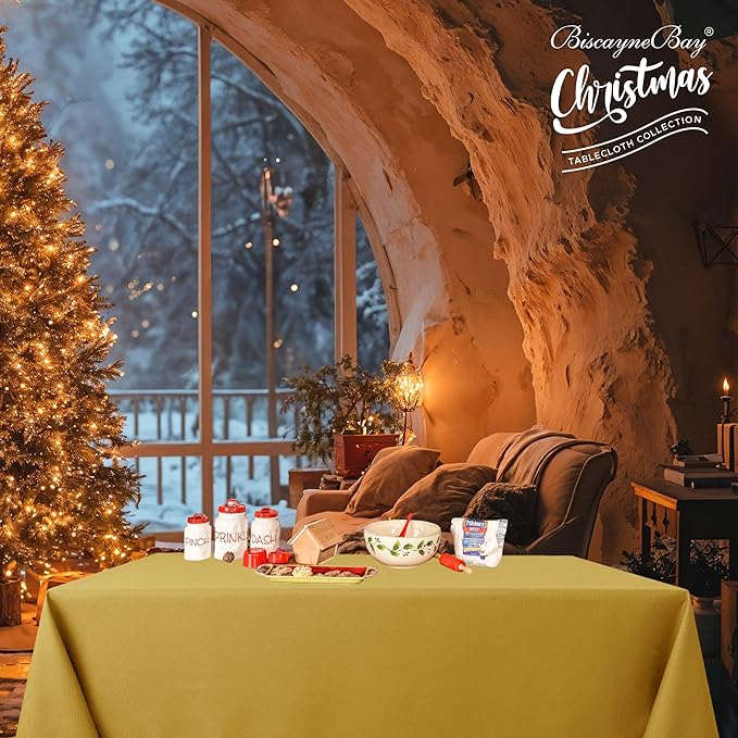 Biscaynebay Textured Fabric Rectangle Christmas Tablecloths 90x132 Inch, Gold Water Resistant Tablecloths for Dining, Kitchen, Wedding, Parties etc. Machine Washable