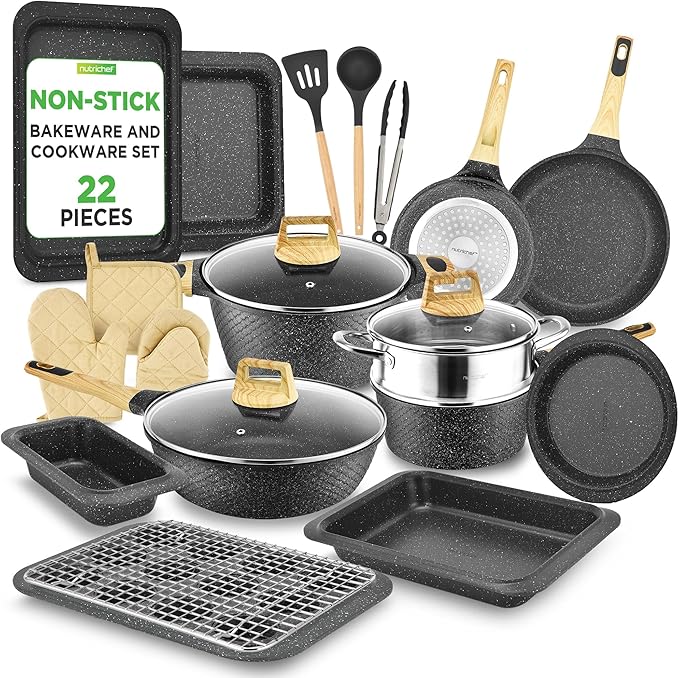NutriChef 22‑Piece Non‑Stick Ceramic Pots and Pans Set – For All Cooktops Including Induction – PTFE & PFAS Free, Includes Bakeware & Utensils
