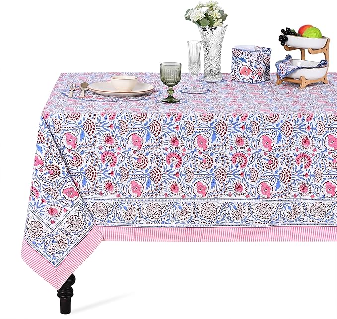 Ridhi Hand Block Print Pigeon Blue Flamingo Pink Rectangle Cotton Tablecloth 90" x 60" Reusable Table Cover Decorative Everyday Use for Dining, Farmhouse, Home Gift for Spring, Easter, Valentine