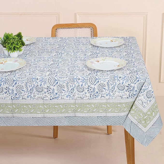Handblock Print Cotton Tablecloth – 60x90 Rectangular Table Cover 6 Seats – Indian Block Printed Floral Dining Table Linen – Boho Washable Cloth for Kitchen, Party, Outdoor, Soft Blue