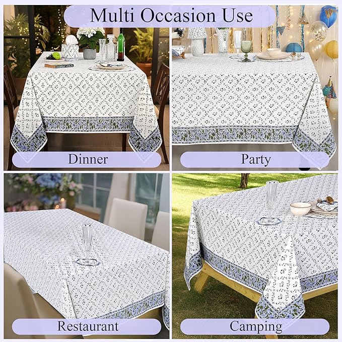 Ridhi Hand Block Print Powder Blue Rectangle Cotton Tablecloth 90" x 60" Reusable Table Cover Decorative Everyday Use for Dining, Farmhouse, Home Gift for Spring, Easter, Valentine