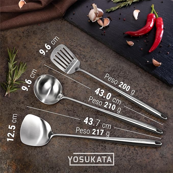 YOSUKATA Carbon Steel Wok Pan – 13,5 “ Stir Fry Pans with Flat Bottom + Wooden Wok Lid 13.5 in with Ergonomic Handle + 17" Spatula and Ladle and Turner