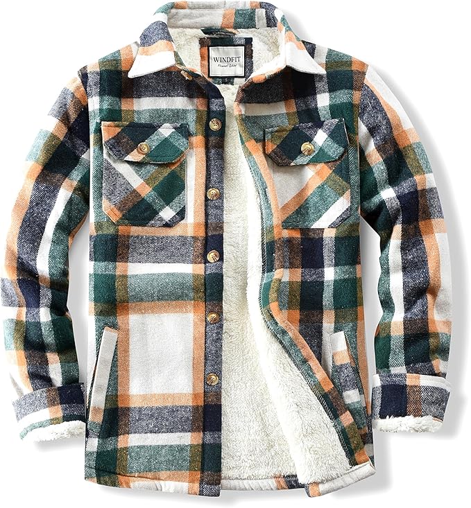 Men's Cotton Sherpa Lined Button Down Flannel Shirt Jacket Plaid Soft Outdoor Flannel Jacket Shirt