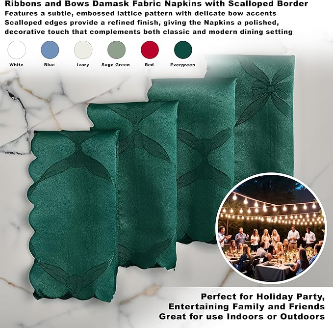 Newbridge Square Napkin, Set of 4 Napkins, Spring and Easter Ribbons and Bows Damask, Wrinkle and Stain Resistant Square Napkins, Holiday Evergreen