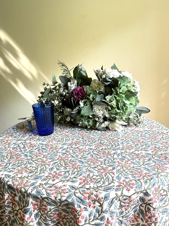 ATOSII Kalina 100% Cotton Round Tablecloth, Handblock Print Floral Table Cloth for Kitchen Dining Linen I Parties, Weddings, Outdoors, Christmas I Fall Home Decor 72" Inches Round