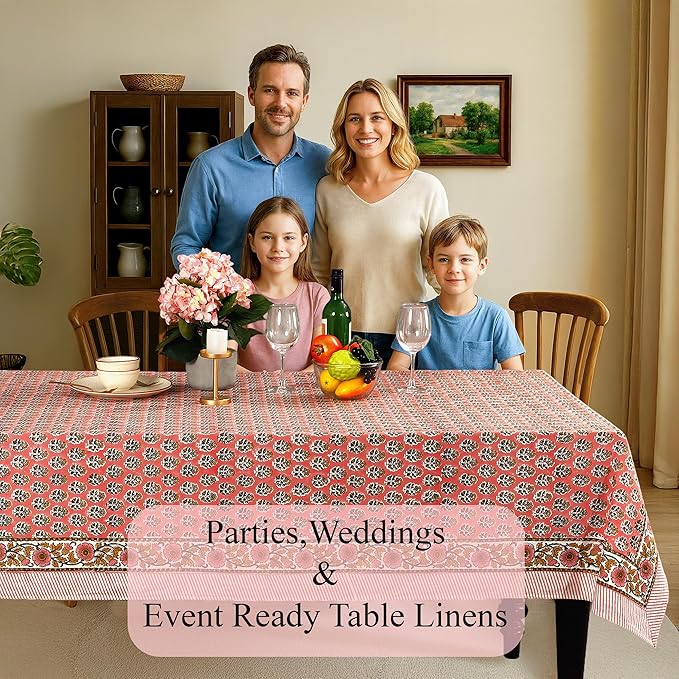 CPC Tablecloth 100% Cotton 60x60 Inch Indian Block Print Rectangle Table Cover, Washable Table Cloth for Weddings, Spring/Summer, Barbeque - Poppy Pink