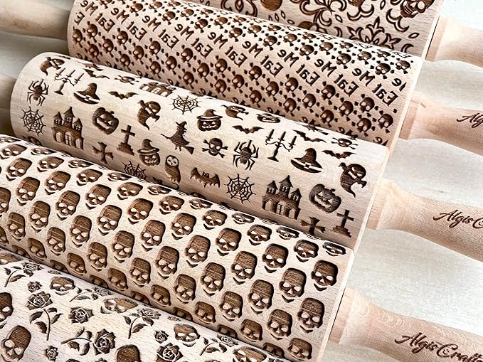 SUGAR SKULL and ROSES Embossed Rolling Pin for Halloween cookies. Laser Engraved Dough Roller for Embossing Homemade Cookies by Algis Crafts