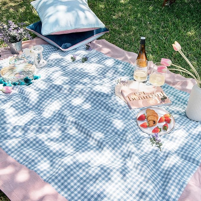 MONDAY MOOSE Gingham Checkered Farmhouse Rustic Picnic Style Decoration Rectangle Natural Stonewashed Cotton Tablecloth for Kitchen, Dining Room, Restaurant (55x70 inch, Blue/Clay)
