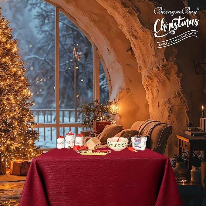 Biscaynebay Textured Fabric Christmas Square Table Cloth 90x90 Inch, Red Water Resistant Tablecloths for Dining, Kitchen, Wedding and Parties, Machine Washable