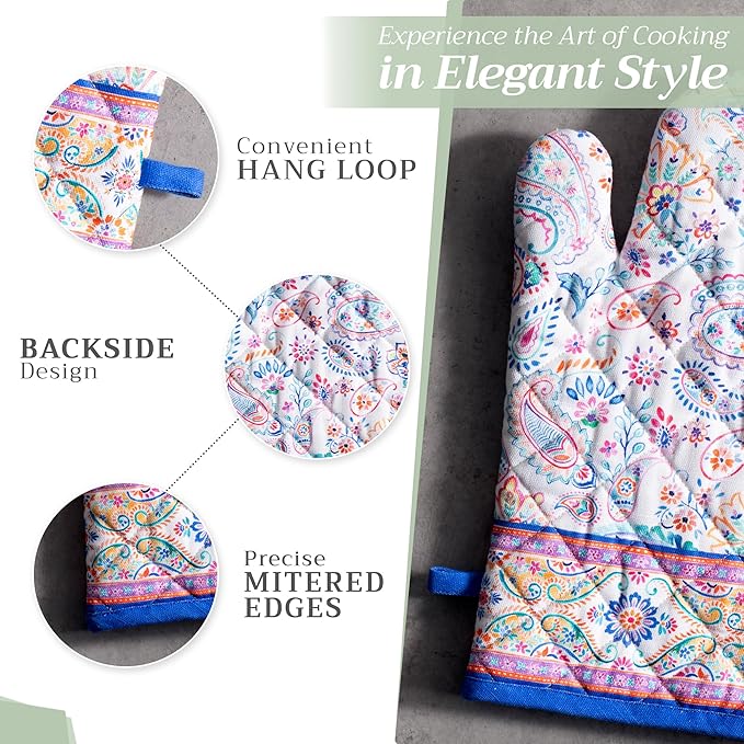 Maison d' Hermine 100% Cotton Oven Mitt & Pot Holder Set (7.5"x13" & 8"x8") Heat Resistant BBQ Cooking Gloves with Loop, Baking, Grilling, Kitchen, Handling Hot Pans Spring/Summer (Indian Floral)