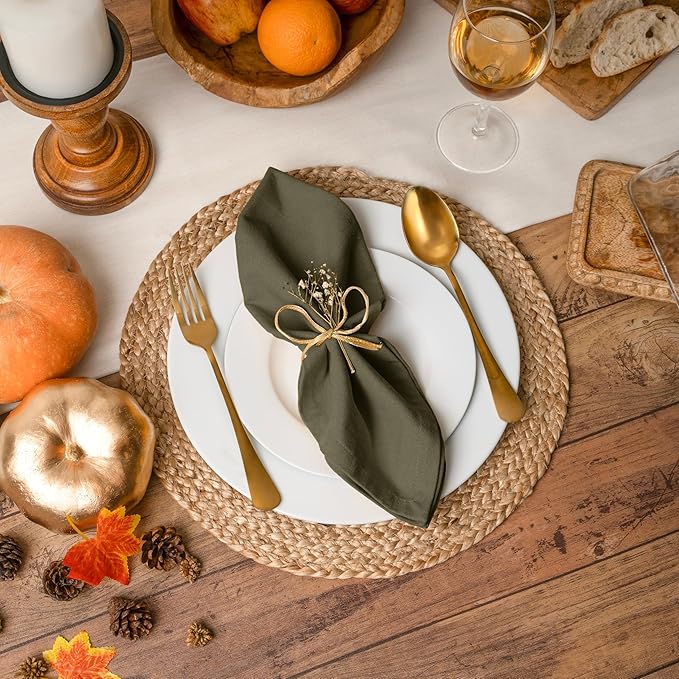 Blue Needles Solid Cloth Napkins Set of 12 Olive Green 100% Cotton Dinner Napkins 18x18 inches, Soft, Reusable, Absorbent, Washable Linen, Ideal for Wedding Events, Parties & Everyday Use