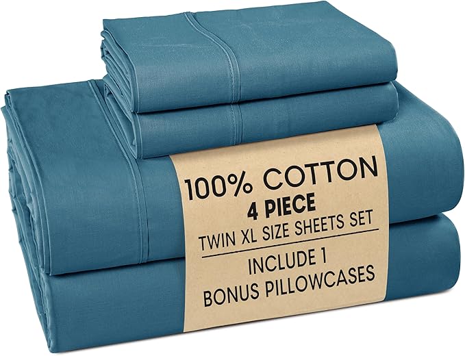 Casa Platino Sheet Set Twin XL Size – 100% Cotton Bed Sheets Twin XL with 2 Pillowcases, Soft & Cozy, Lightweight & Breathable, With 15" Deep Pocket Fitted Sheet, Perfect Everyday Sheets – Blue Heaven