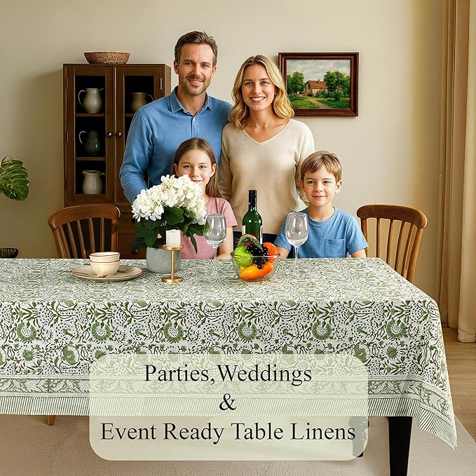 CPC Tablecloth 100% Cotton 72x190 Inch Indian Block Print Rectangle Table Cover, Green Table Cloth for Weddings, Spring/Summer, Barbeque - Agate Green