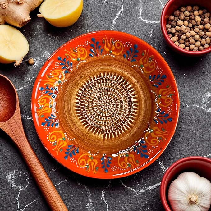 Ceramic Grater Bowl, Garlice Grater Plate, Handmade Ginger Grater, Mincer Bowl for Cheese &Vegetables, Ceramic Decorative Mincer, Hand Dish for Garlic (Sultan Orange)