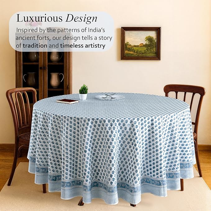 CPC Round Tablecloth- Cotton Indian Block Print Tablecloth -Handmade Printed Washable Cotton Table Cloth - Spring/Summer, Wedding Table Cover - Apatite Blue 120 Inch