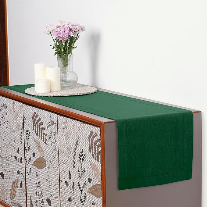 D'Moksha Homes Linen Forest Green Table Runner 144 Inches Long - 100% Pure Linen Extra Long Table Runner 14 x 144 Inch for St Patricks Day, Easter - Classic Hemstitch