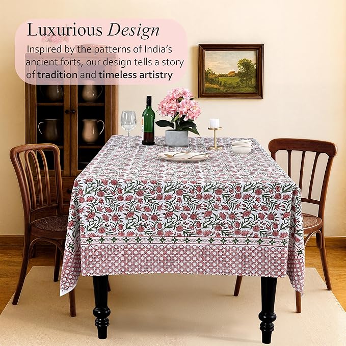CPC Tablecloth 100% Cotton 70x108 Inch Indian Block Print Rectangle Table Cover, Gray Table Cloth for Weddings, Spring/Summer, Barbeque - Red Garnet