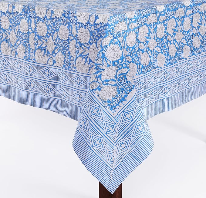 ATOSII Azora Blue 100% Cotton Square Summer Tablecloth, Block Print Floral Table Cloth for Dining, Outdoors, Parties, Weddings I Grand Millenial Decor 60 X 60 Inches I 4 Seater