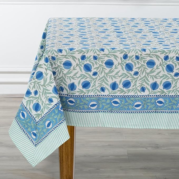 Ridhi Hand Block Print Queen Blue Rectangle Cotton Tablecloth 140" x 72" Reusable Table Cover Decorative Everyday Use for Dining, Farmhouse, Home Gift for Spring, Easter, Valentine