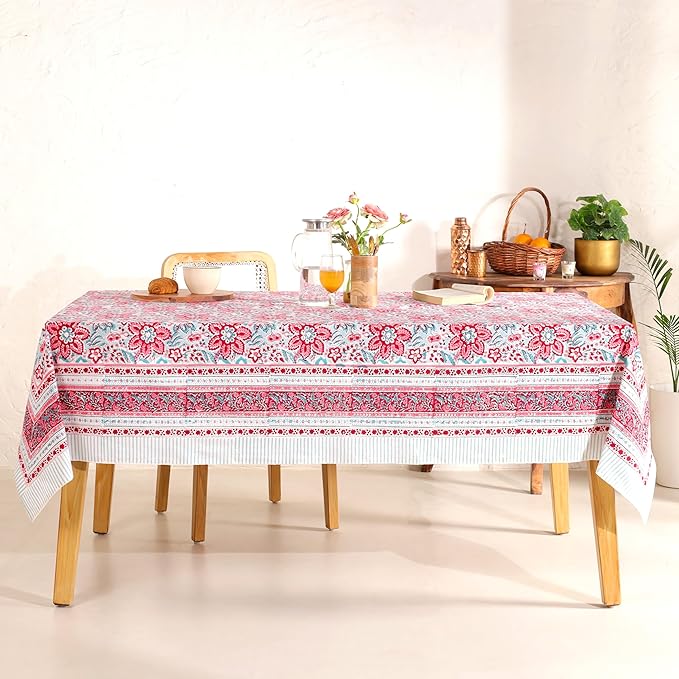 Hand Block Printed Table Cover - Exquisite Design, Premium Cotton Fabric, Perfect for Dining and Decor, Dining Table Linen (Scarlet Garden Grace, 12 Seater 72 x 135 Inches Rectangle)