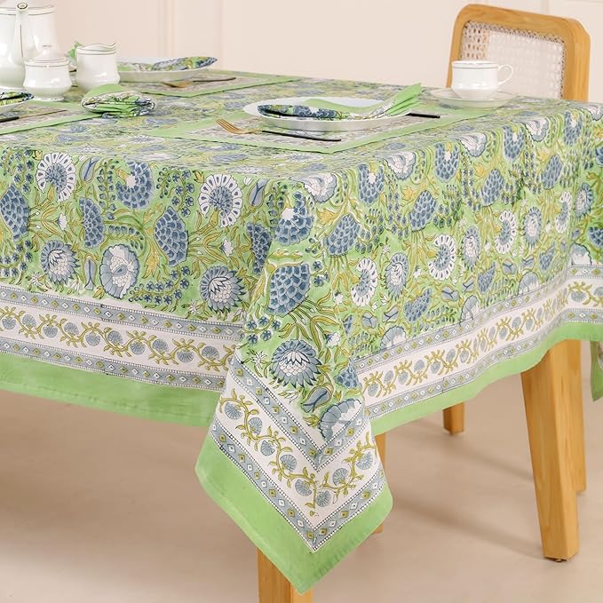 Hand Block Printed Table Cover - Exquisite Design, Premium Cotton Fabric, Perfect for Dining and Decor, Dining Table Linen(Asparagus Green,14 Seater 72 x 160 Inches Rectangle)