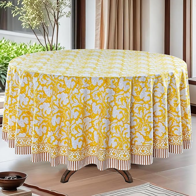 Ridhi Block Print Round Saffron Yellow Reusable Tablecloth 100% Cotton 132" Inch Decorative Table Cover eveyday Dining, Home, Party, Wedding, Farmhouse Gift for Spring, Easter, Valentine