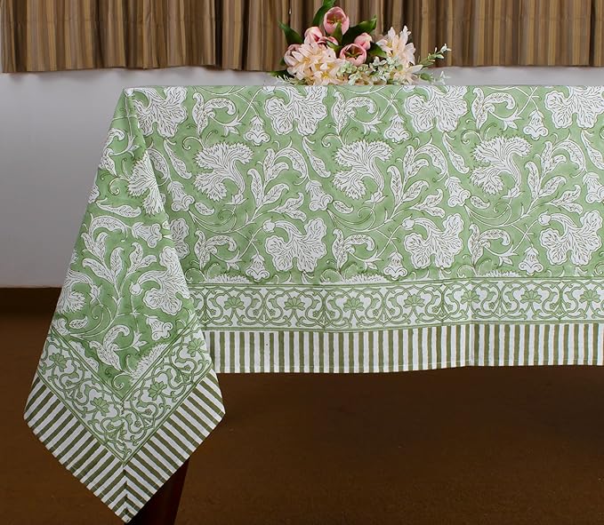 Ridhi - Hand Block Print Cotton Cloth Dinning Table Cover Wedding Farmhouse Thanks Giving Christmas Spring Tablecloth (Sage Green, 8 Seater 70x108 Inches)