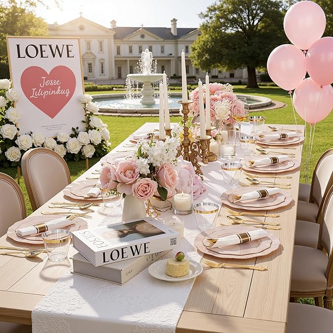 Liacere 350PCS Pink Plates Disposable-PinK Plates 50guest Baroque Plastic Dinnerware include 100Plates, 50Pack Pre Rolled Napkins with Silverware 50Cups Perfect for Valentine's Day＆Galentines Day