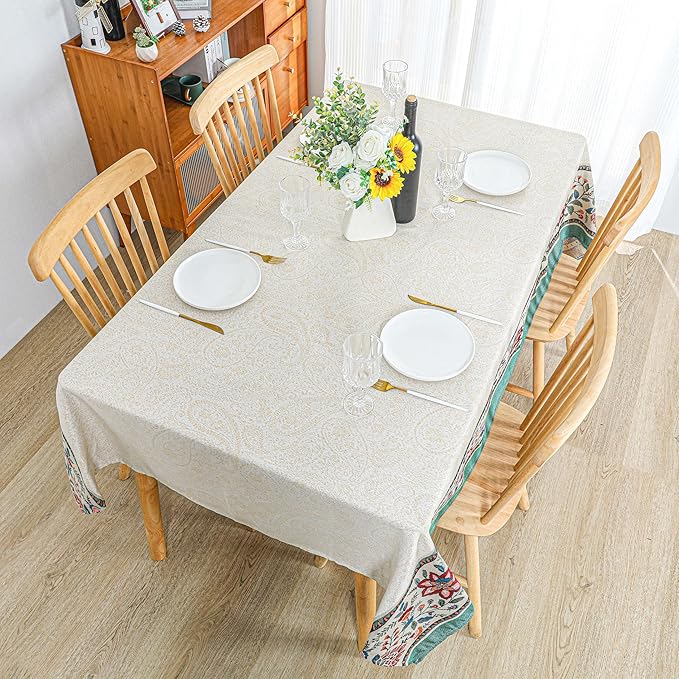 Dimatic Heavyweight Cotton Linen Square Tablecloth, Hibiscus Pattern, for Kitchen, Dining Table, Holiday Party Decorations Table Cover, Light Yellow 55 x 102 Inches
