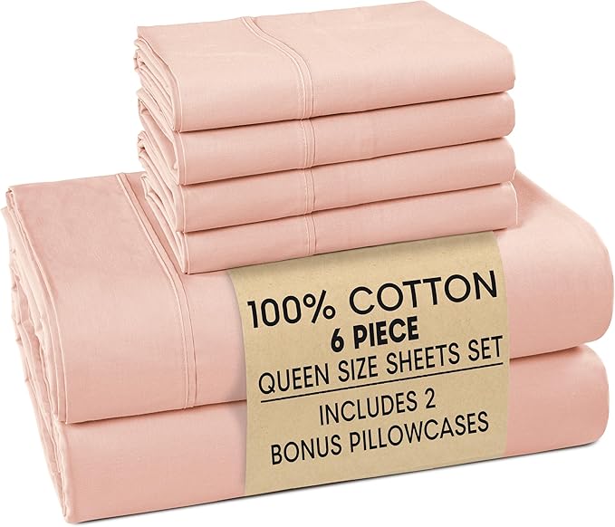 Casa Platino 100% Cotton Queen Size Sheets Set – 6 Piece Crisp Percale Queen Size Cooling Sheets, Lightweight for Summer, with 15" Deep Pocket Fitted Sheet Nightly Comfort & Airy Sleep – Veiled Rose