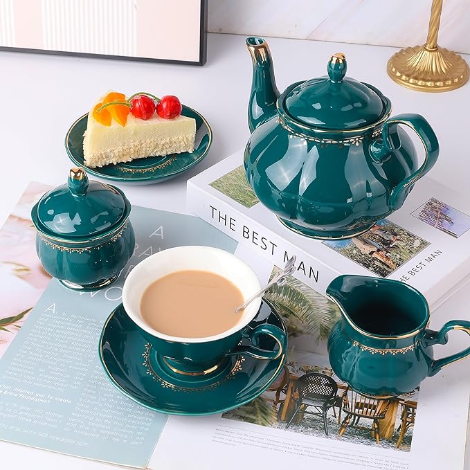 CHENP.HMC Tea Set 22-Piece Porcelain Ceramic Coffee Tea Sets Cups Saucer Service for 6 Teapot Sugar Bowl Creamer Pitcher and Teaspoons Porcelain Tea Set(Dark Green)