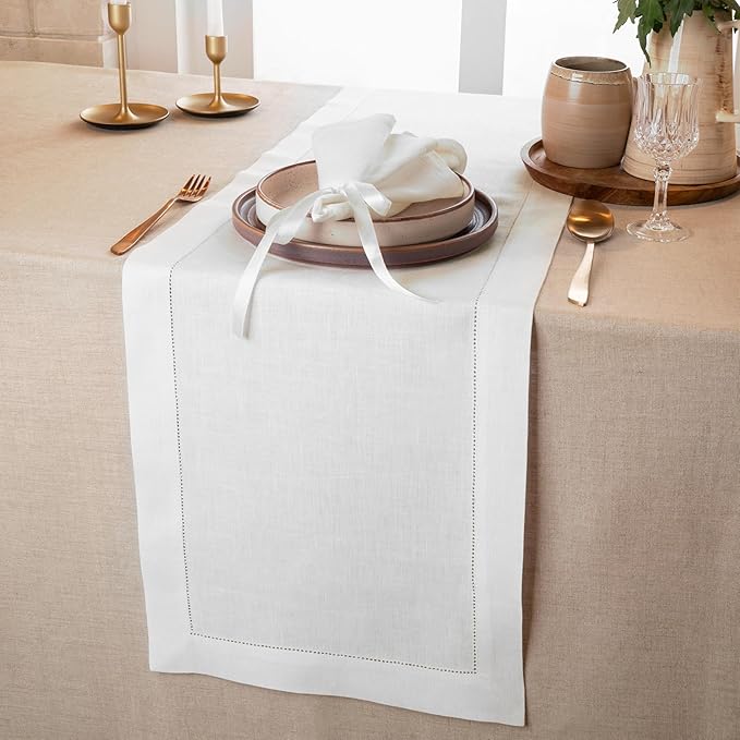 D'Moksha Homes Linen White Table Runner 132 Inches Long - 100% Pure Linen Extra Long Table Runner 14 x 132 Inch for Valentines, Spring, Easter - Classic Hemstitch
