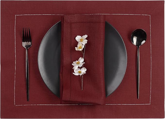 D'Moksha Homes Linen Placemats Set of 4 - Classic Hemstitch Dark Red Placemats 14 x 19 Inch - 100% Pure Linen Table Mats for Valentines, Spring - Handcrafted and Machine Washable