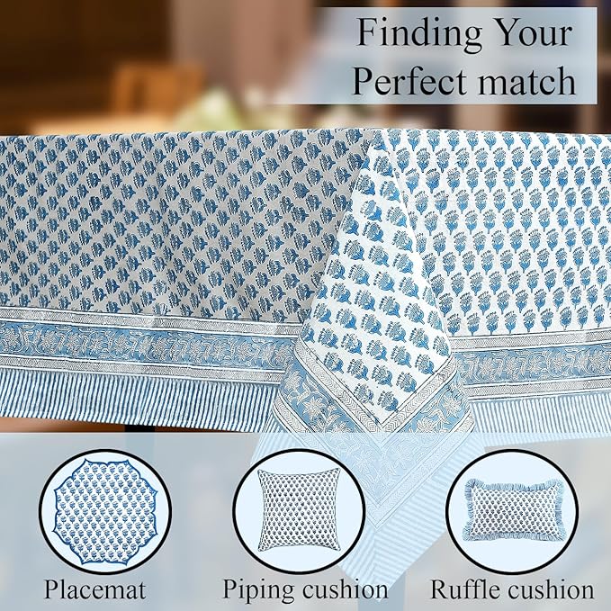 CPC Apatite Blue Floral Hand Block Printed 100% Cotton Tablecloth 60x108 Rectangular Reusable and Washable Boho Dining Table Cloth Thanksgiving