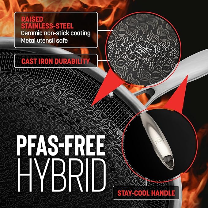 Hell's Kitchen Hybrid 12” Wok Pan, Tri-Clad Stainless Steel and Nonstick Ceramic, PFAS Free, no PFOA, no PTFE, no Teflon, Non Toxic Cookware, Metal Utensil Safe, All Cooktops and Oven Safe (Wok + Lid)