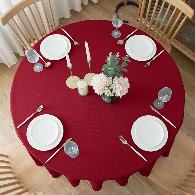 Biscaynebay 2 Pack Textured Fabric Round Tablecloths 70", Red Water Resistant Tableclothes Small Circle Folding Table Covers Linen for Dining, Kitchen, Wedding, Parties etc Machine Washable